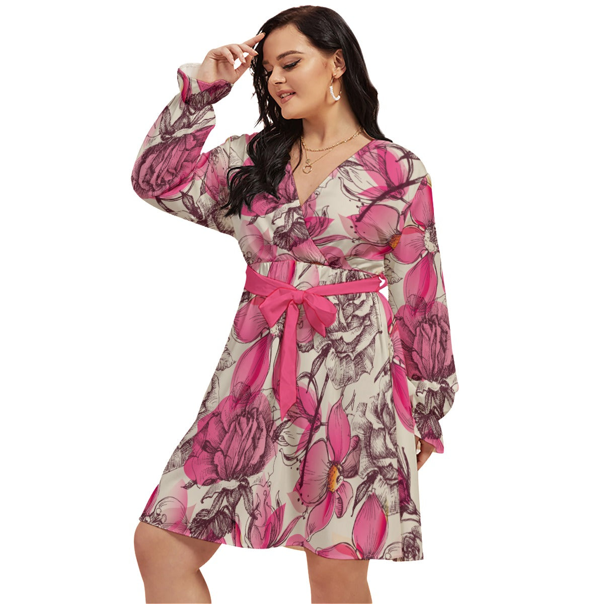 Retro Style Pink Roses Women's V-neck Dress With Waistband (Plus Size)