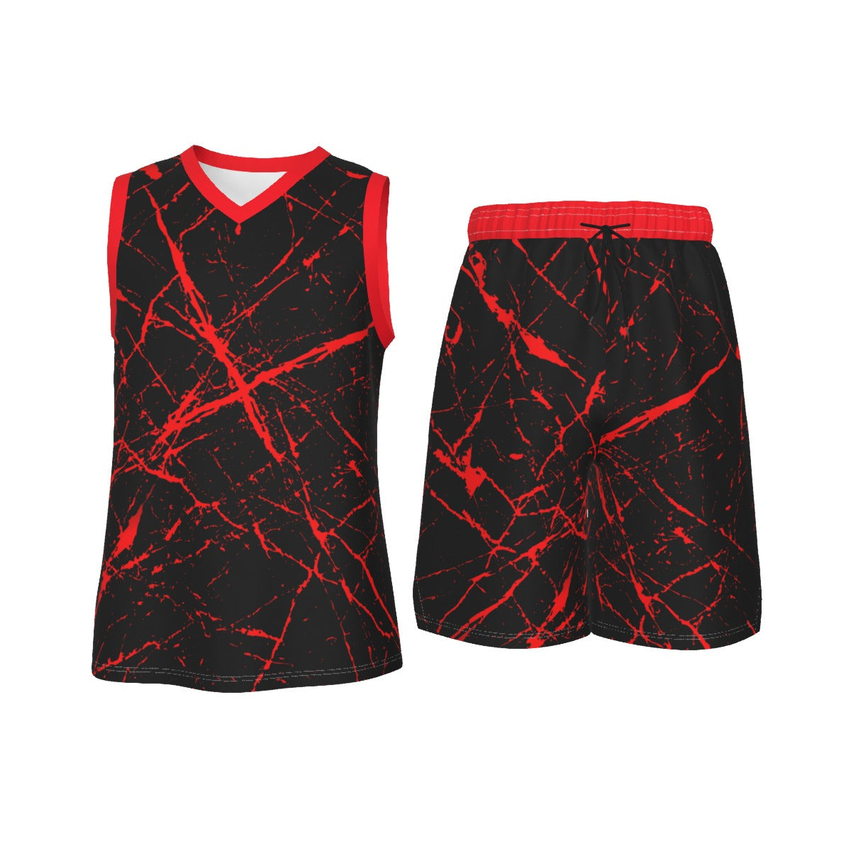 Red & Black Splatter Spots Men's V Neck Basketball Suit