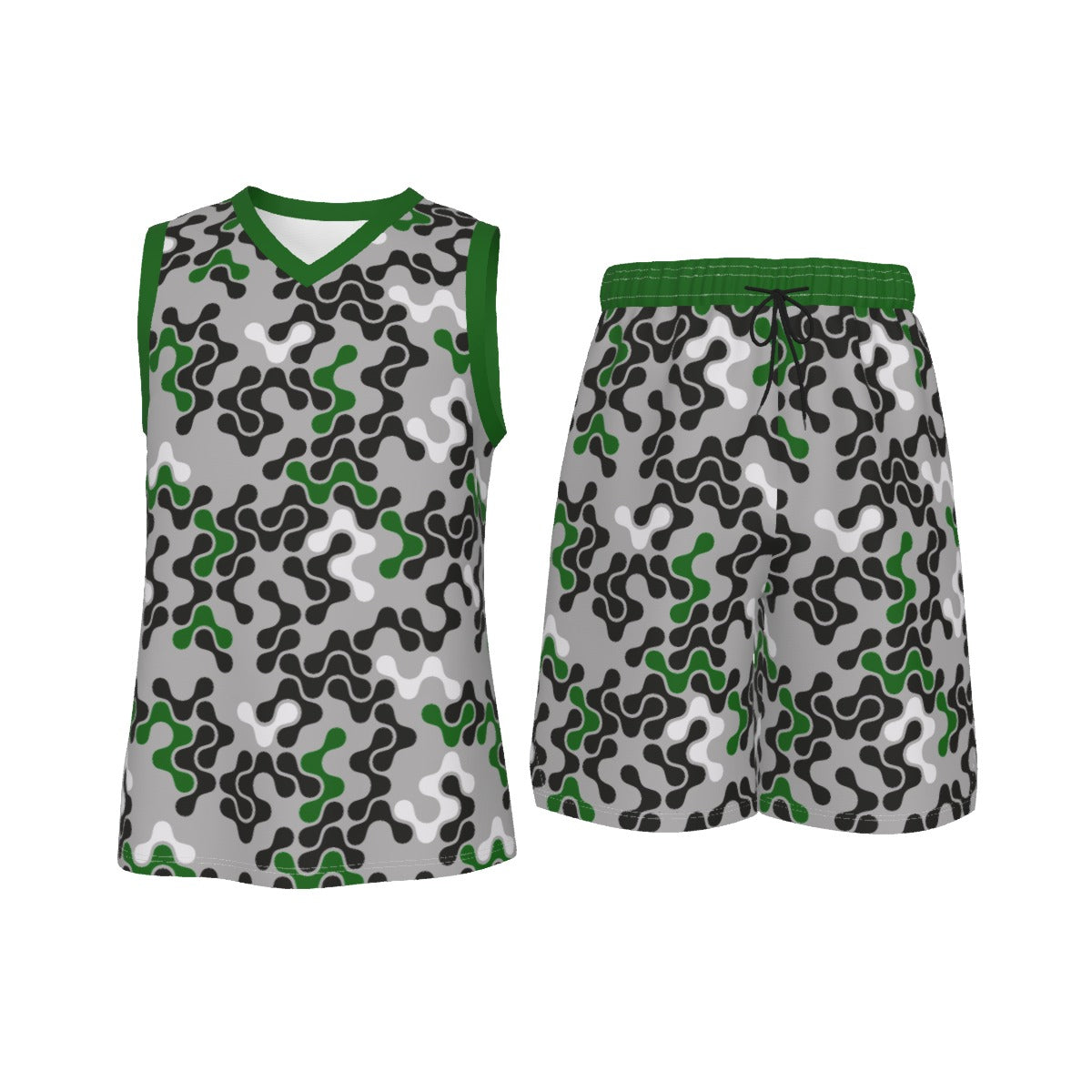 Green, Black & White Abstract Men's V Neck Basketball Suit