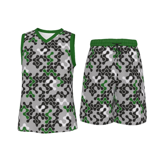 Green, Black & White Abstract Men's V Neck Basketball Suit