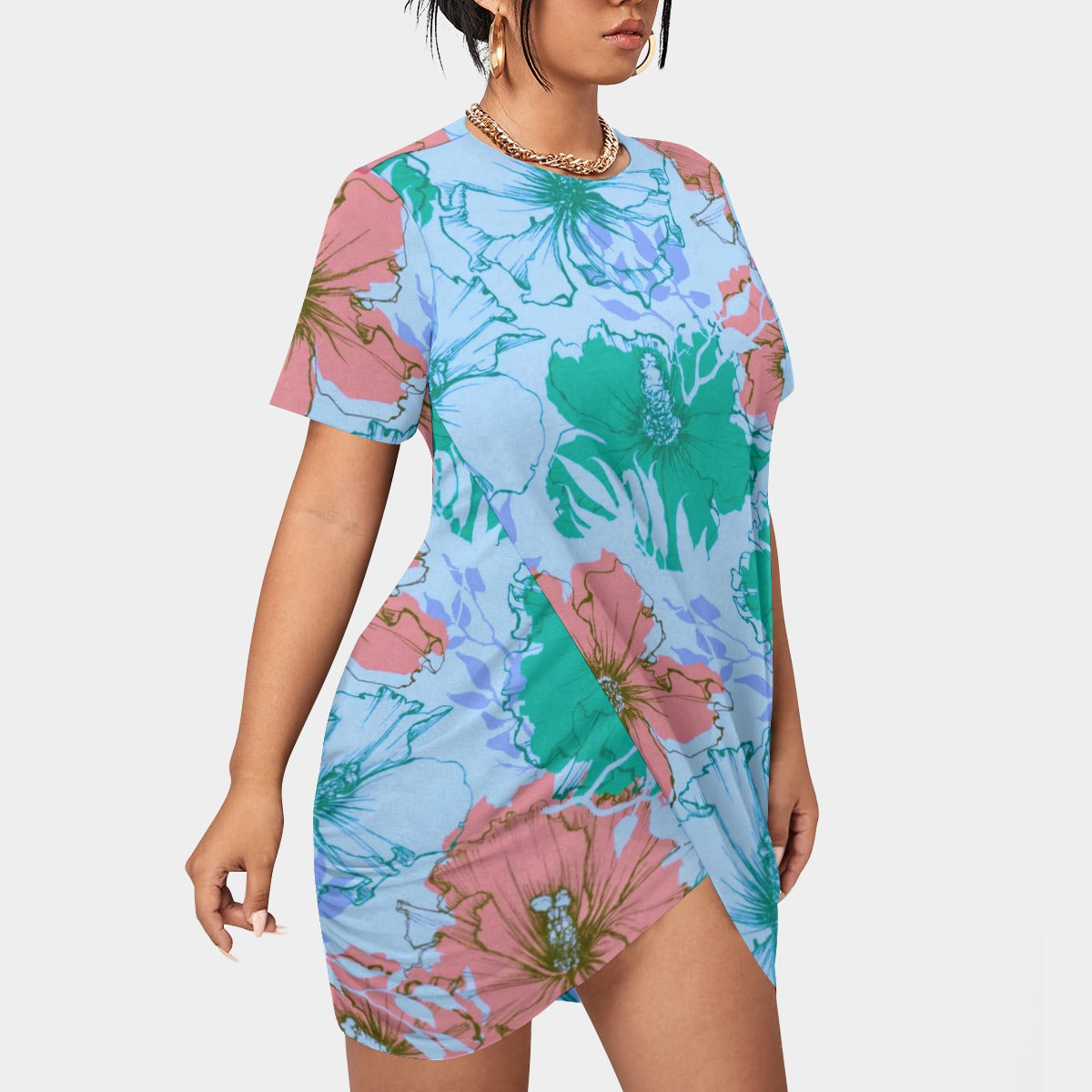 Women’s Tropical Summer Stacked Hem Dress With Short Sleeve（Plus Size)