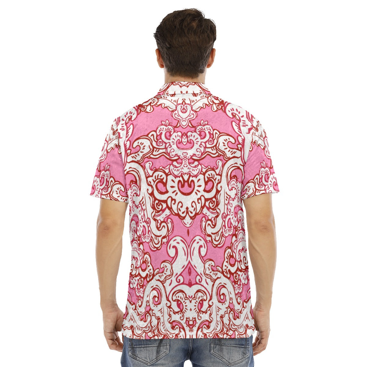 Pink & White Baroque Pattern Men's Polo Shirt | Velvet