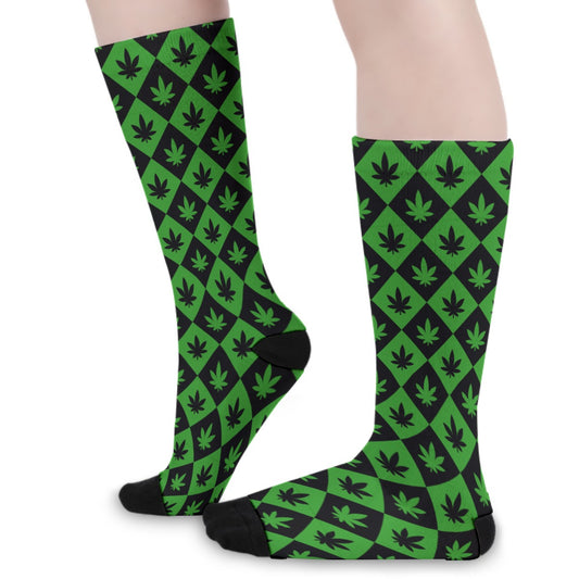 Black & Green Stoners Only Weed Leaf Checker Board Long Socks