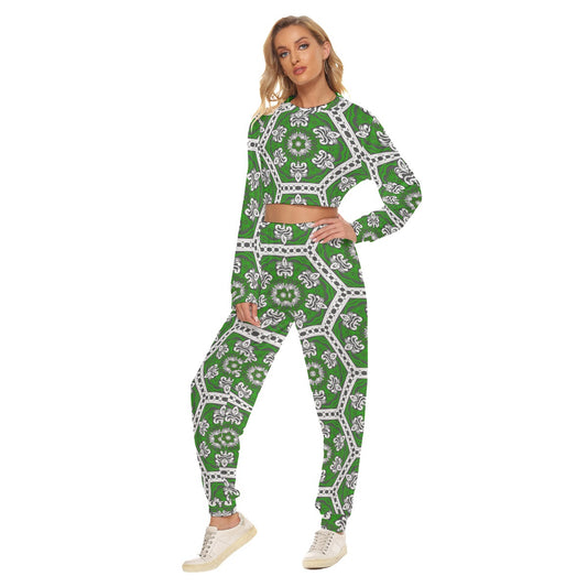 Green Ventage Style Women's Crop Sweatshirt Suit