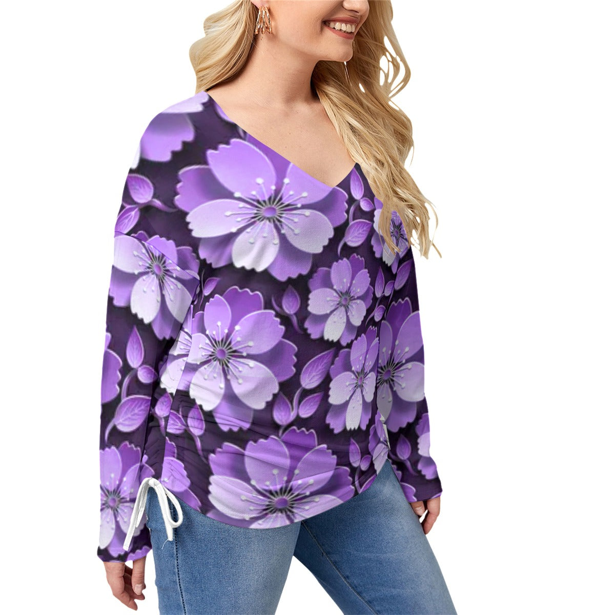 Black With Purple Cherry Blossoms Women’s V-neck T-shirt With Side Drawstring(Plus Size)