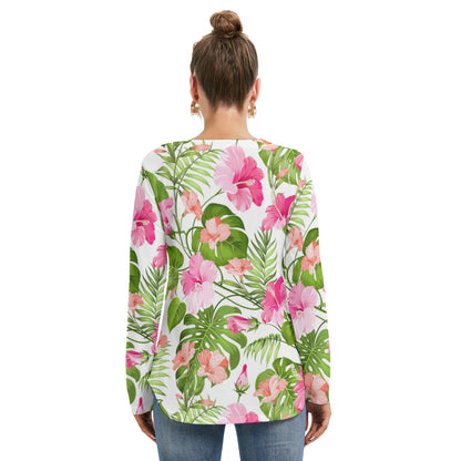 Tropical Flowers Women's Long Sleeve Neckline Tie Sweatshirt