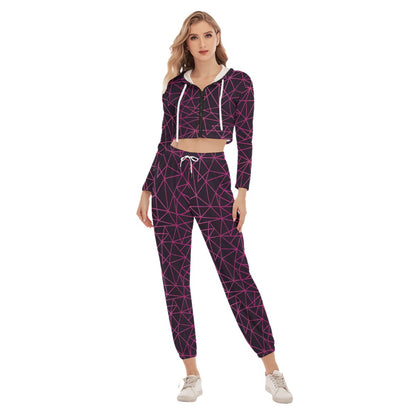 Pink & Black Triangle Women's Crop Hoodie Sports Sets