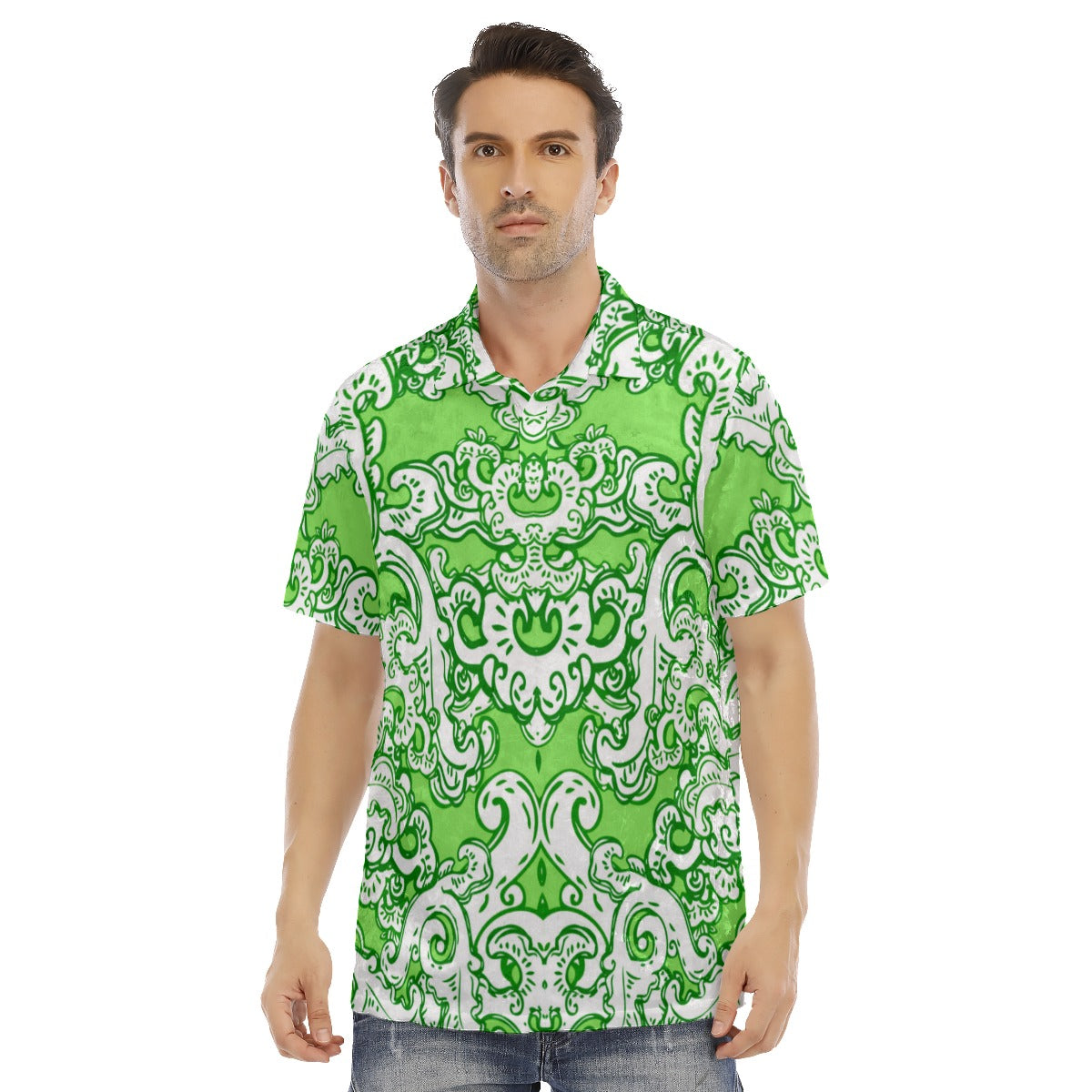 Green & White Baroque Pattern Men's Polo Shirt | Velvet