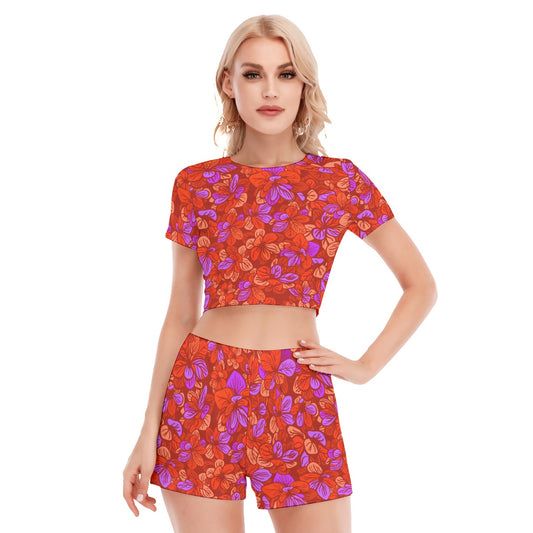 Red With Purple Leaves Women's Short Sleeve Cropped Top Shorts Suit