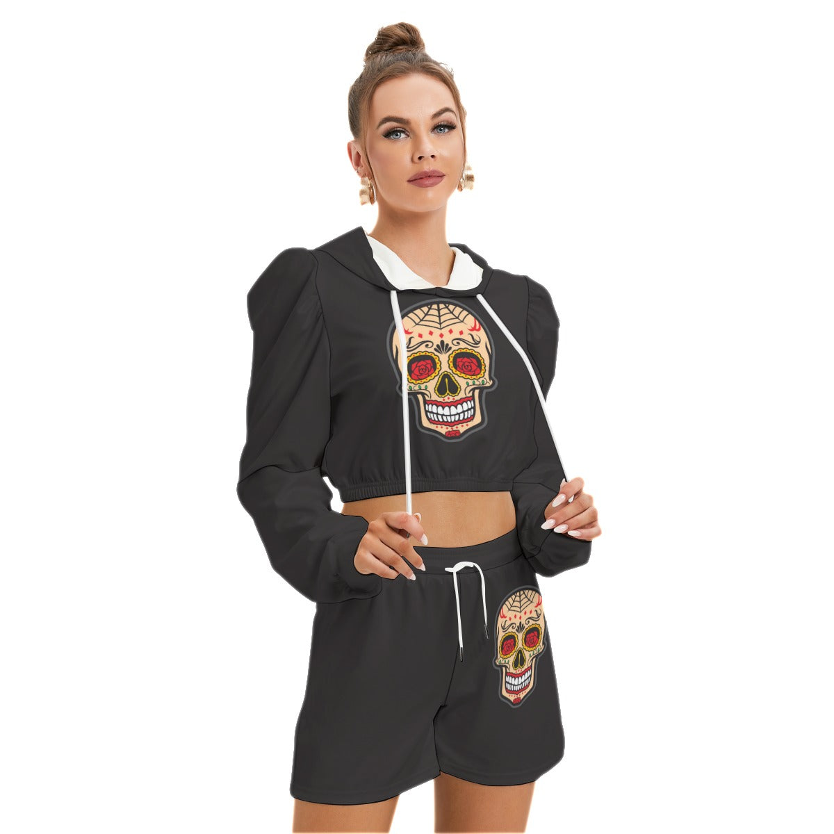 Sugar Skull Black Women's Mirco Fleece Hoodie And Shorts Set