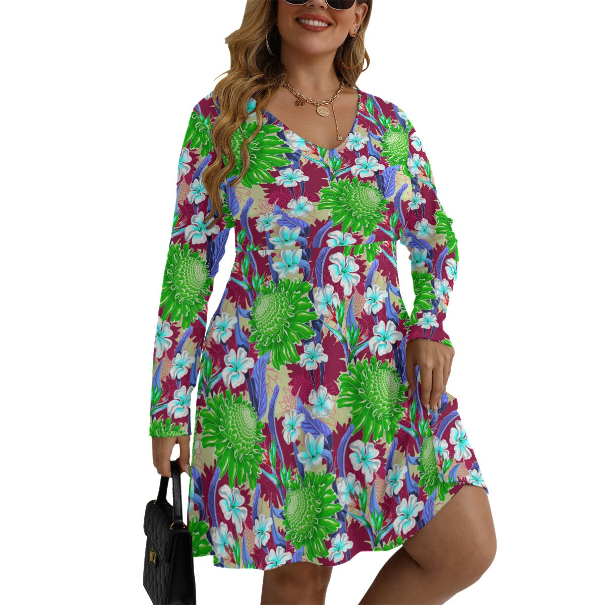 Women's Tropic Vibes V-neck Long Sleeve Dress (Plus Size)