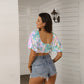 Tie Dye Women's Square Collar Cropped Top With Puff Sleeve