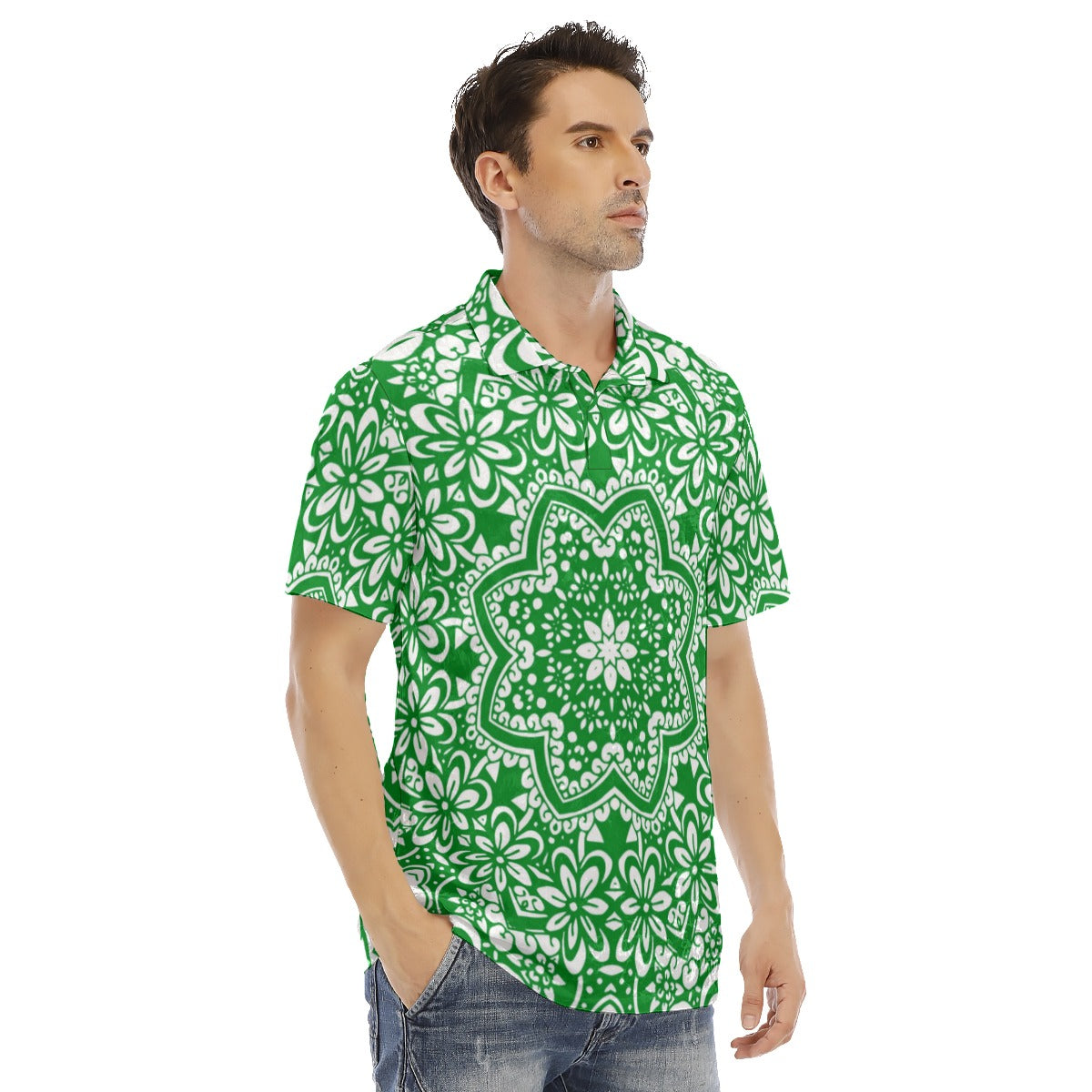 Green Ethnic Flowers Men's Polo Shirt | Velvet