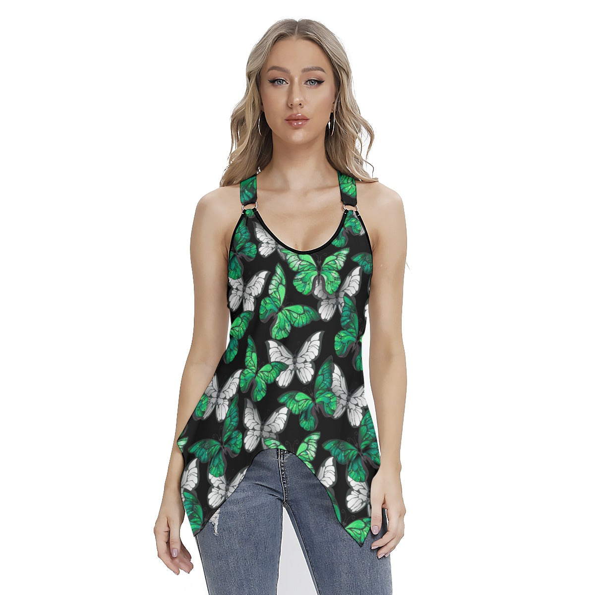 Green With White Butterflies Women's Skinny Sport Tank Top