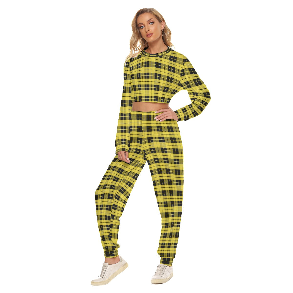 Yellow & Black Plaid Women's Crop Sweatshirt Suit