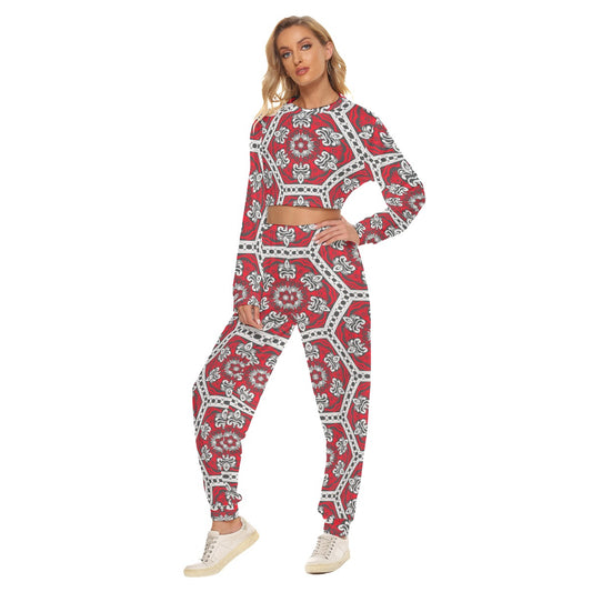 Red Ventage Style Women's Crop Sweatshirt Suit