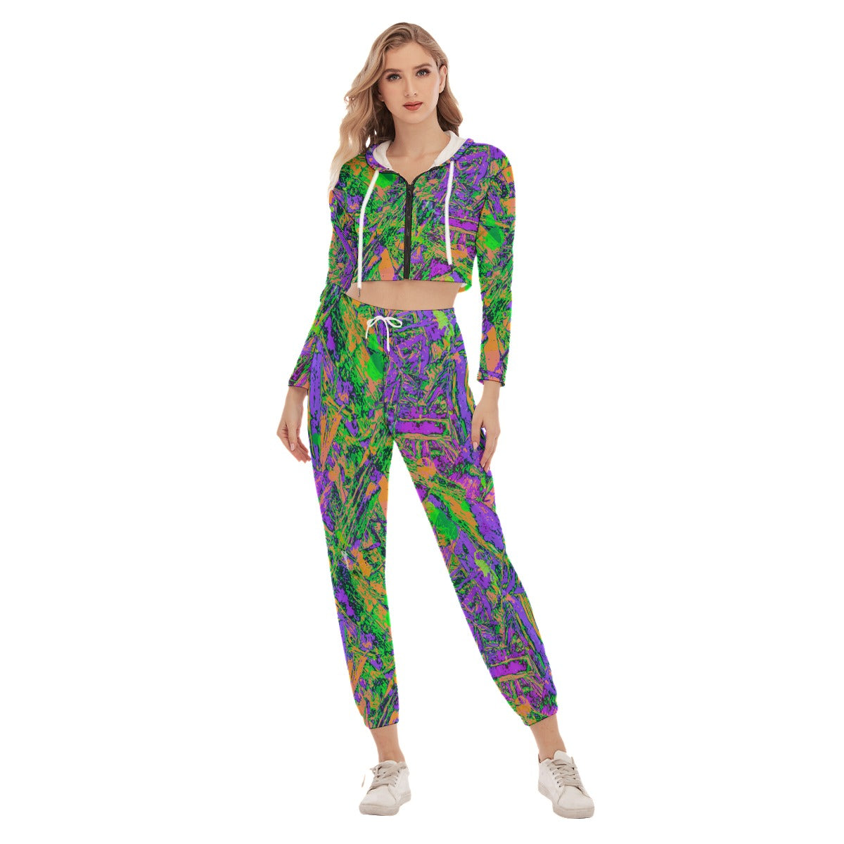 Bright Grunge Psychedelic Women's Crop Hoodie Sports Sets