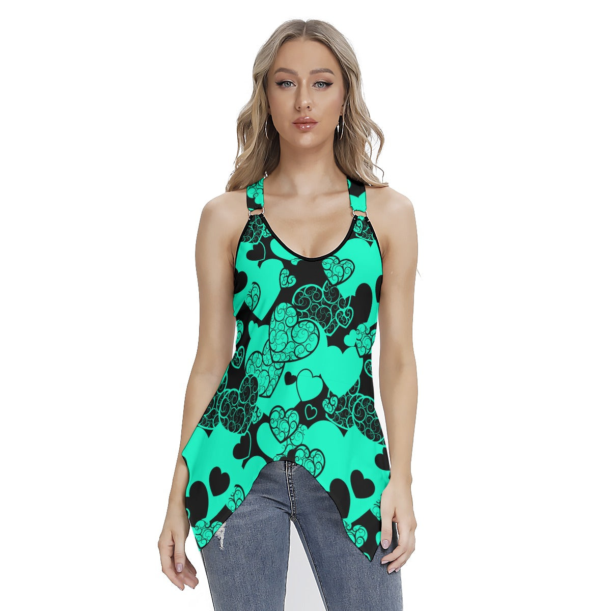 Teal & Black Hearts Women's Skinny Sport Tank Top