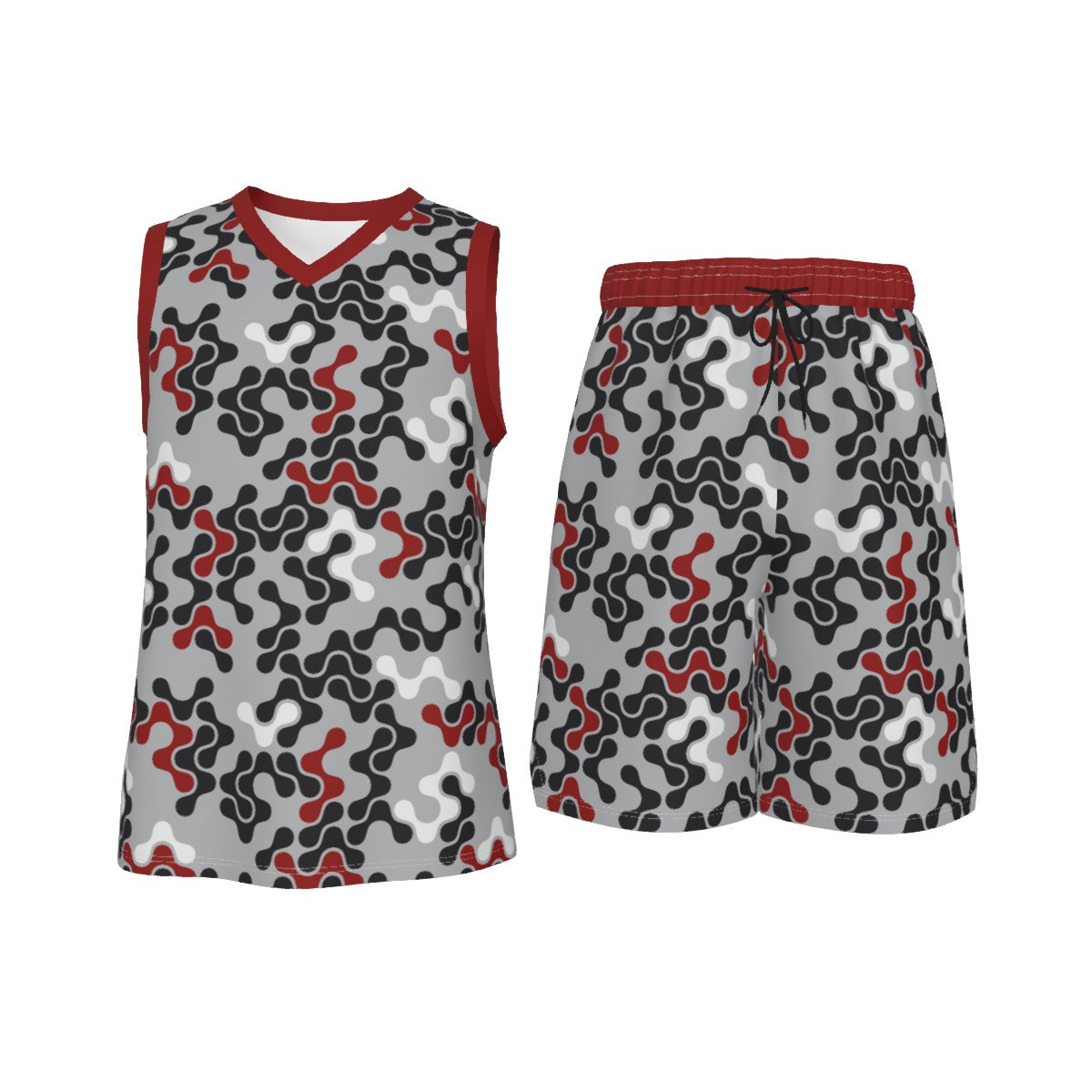 Red, Black & White Abstract Men's V Neck Basketball Suit