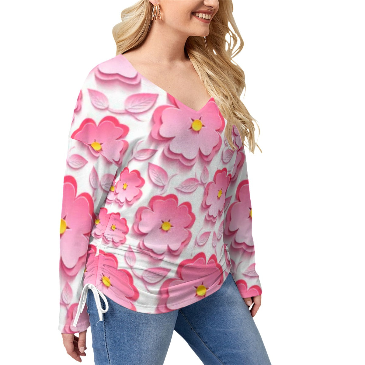 Pink Sakura Flowers & Leaves Women’s V-neck T-shirt With Side Drawstring(Plus Size)