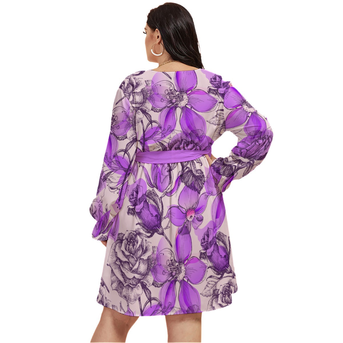 Retro Style Purple Roses Women's V-neck Dress With Waistband (Plus Size)