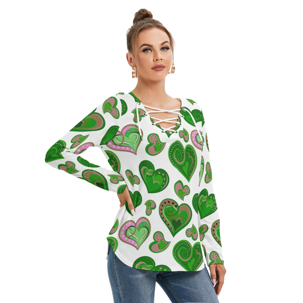 Colorful Doodle Hearts Women's Long Sleeve Neckline Tie Sweatshirt