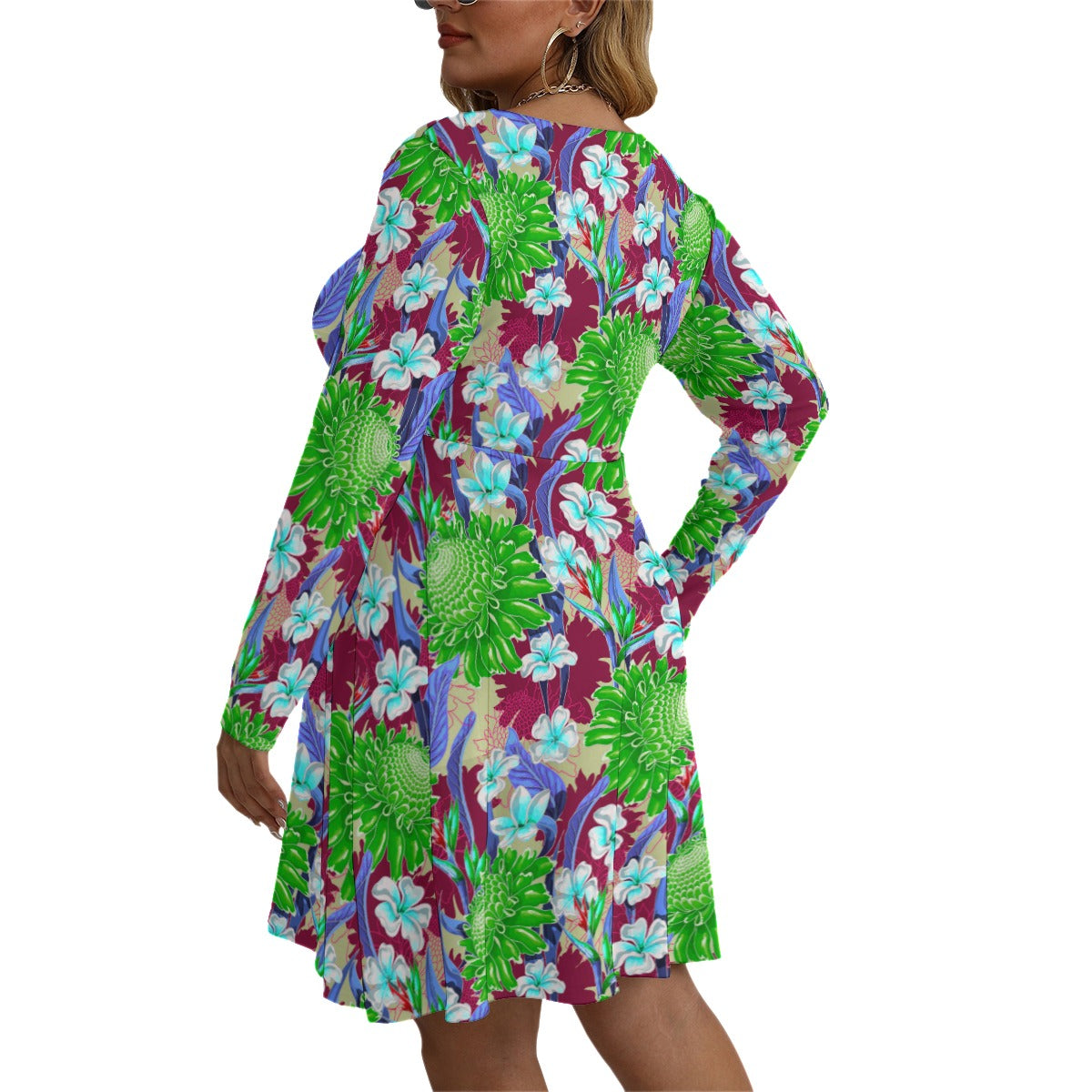 Women's Tropic Vibes V-neck Long Sleeve Dress (Plus Size)