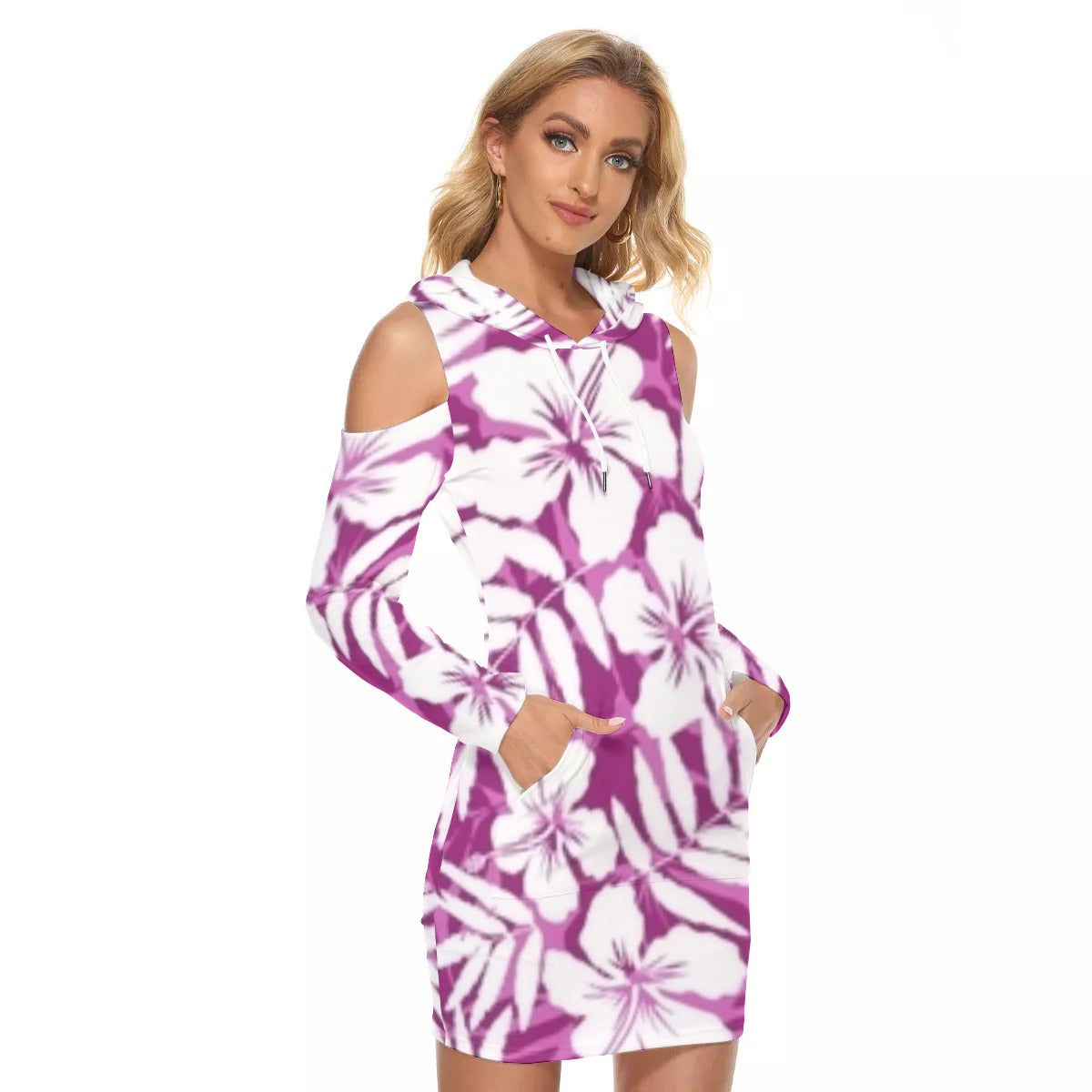 Plumb & White Tropical Flowers Hooded Tight Dress