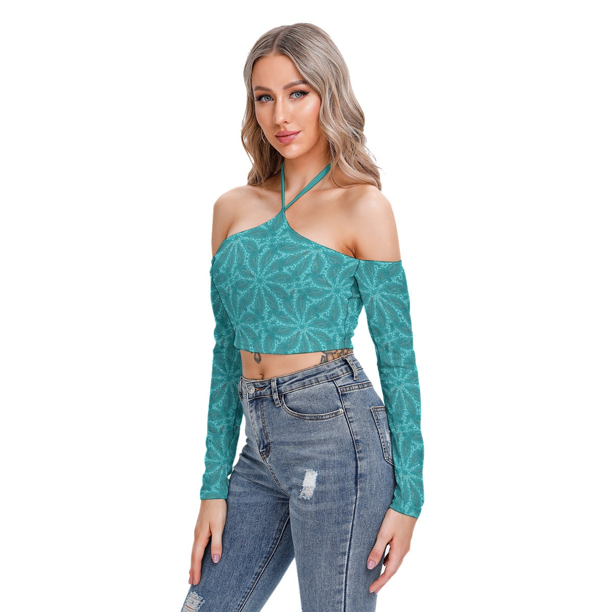 Teal Abstract Women's Halter Lace-up Top