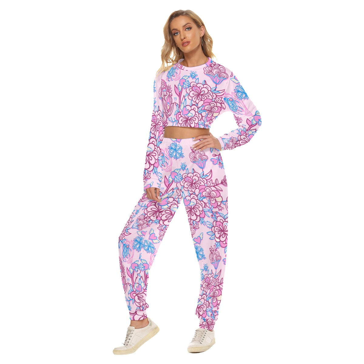 Cute Pink & Blue Flowers Women's Crop Sweatshirt Suit