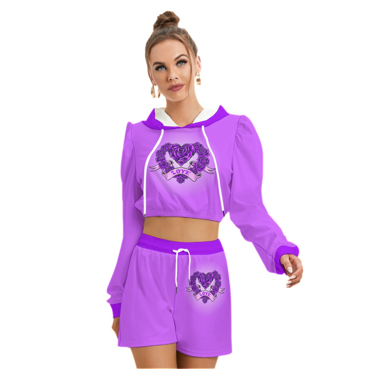 Purple Heart With Roses Women's Mirco Fleece Hoodie And Shorts Set