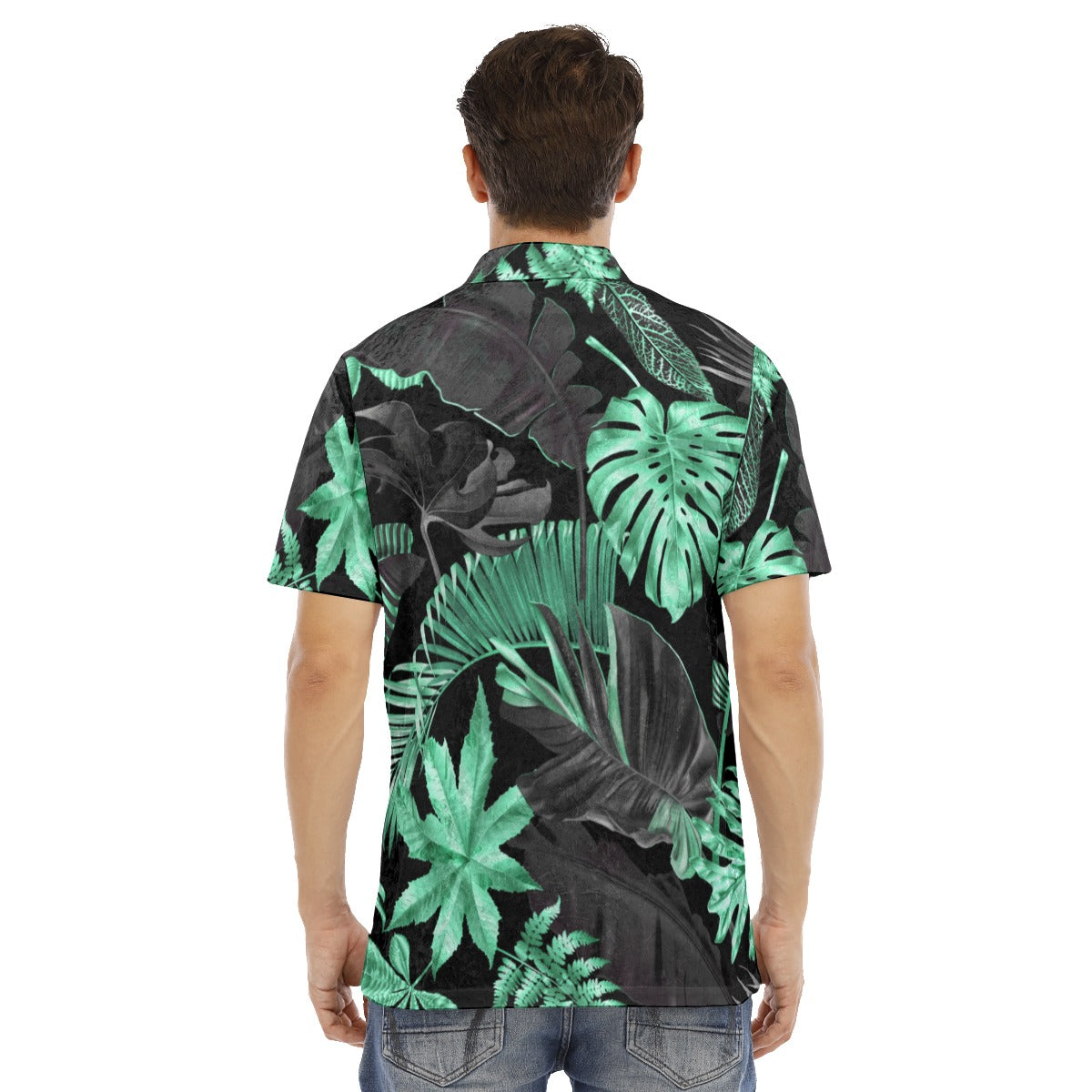 Green & Black Tropical Leaves Men's Polo Shirt | Velvet