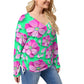 Teal With Pink Cherry Blossoms Women’s V-neck T-shirt With Side Drawstring(Plus Size)