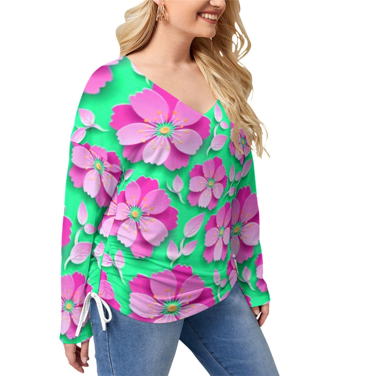 Teal With Pink Cherry Blossoms Women’s V-neck T-shirt With Side Drawstring(Plus Size)