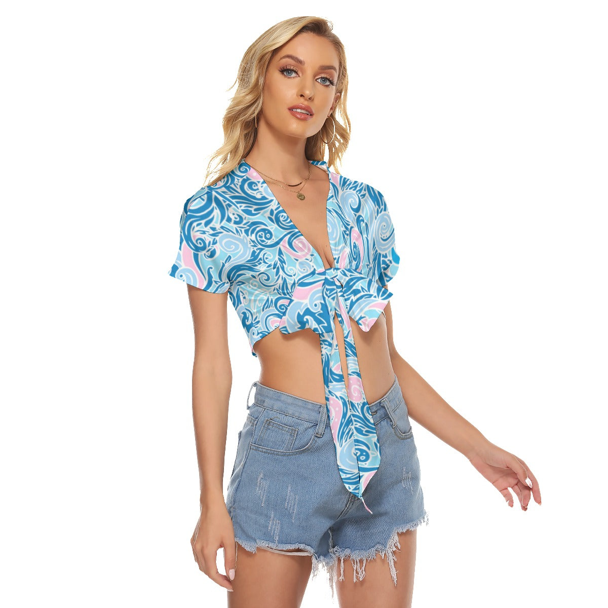 Blue & Pink Swirls Women's Bandage Crop Top