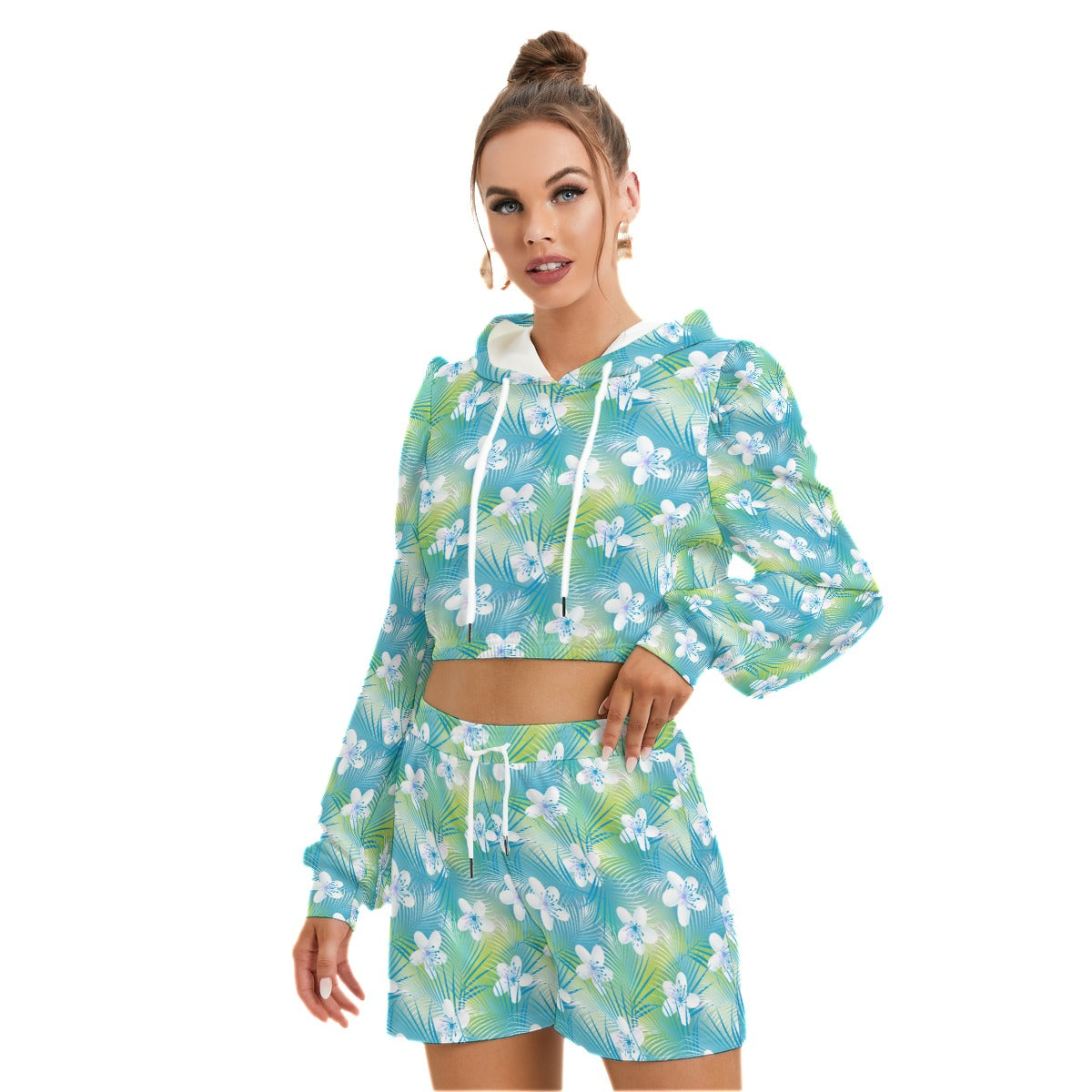 Tropical Frangipani Hibiscus With Palms Women's Mirco Fleece Hoodie And Shorts Set