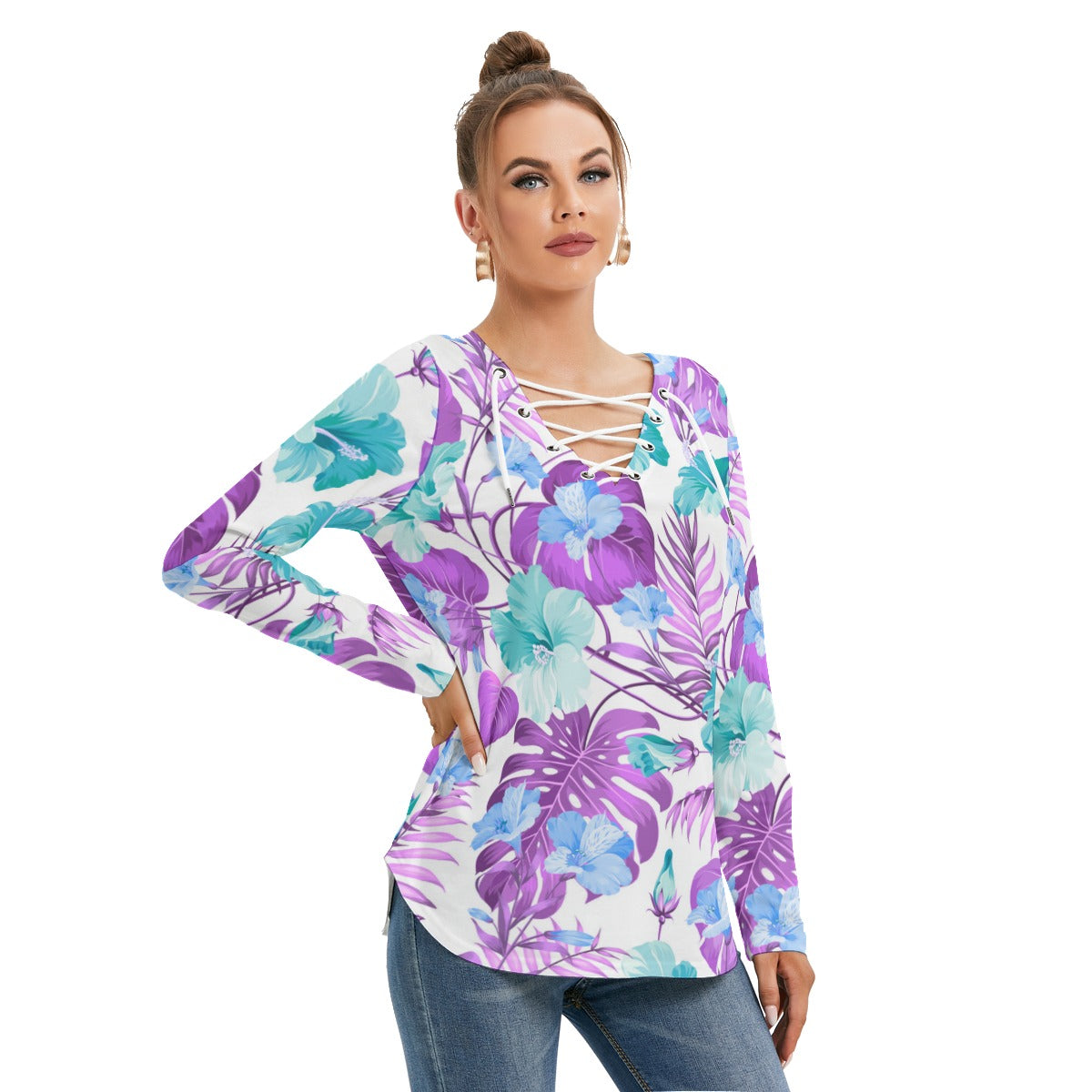 Tropical Flowers Women's Long Sleeve Neckline Tie Sweatshirt