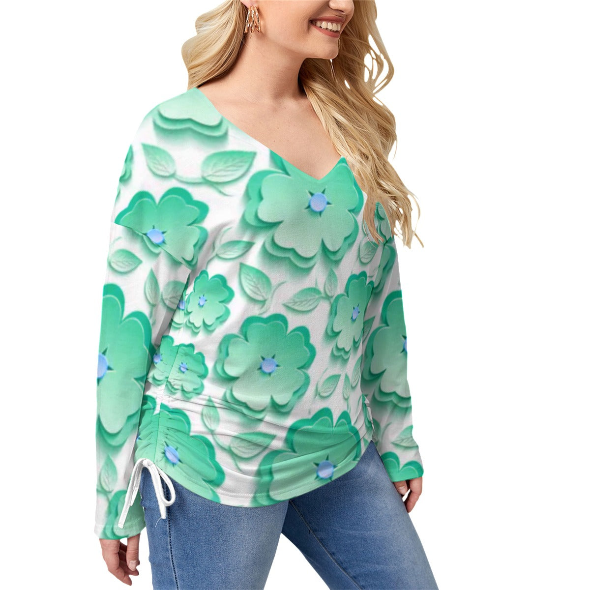 Teal Sakura Flowers & Leaves Women’s V-neck T-shirt With Side Drawstring(Plus Size)