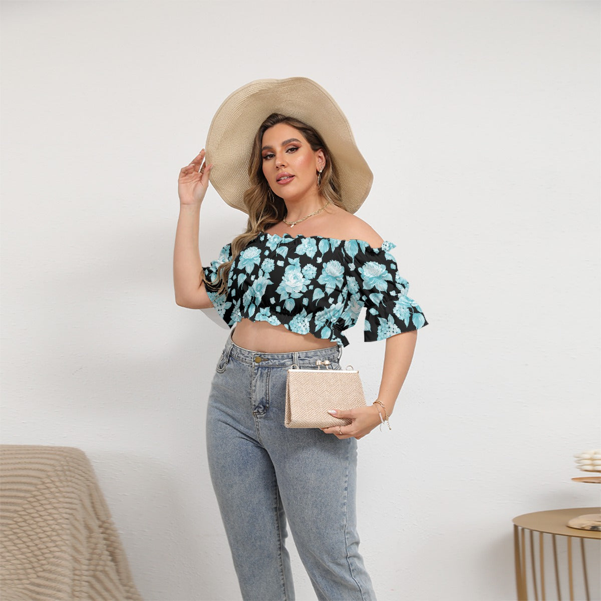 Light Blue Flowers Women's Black Off-shoulder Cropped Top With Short Puff Sleeve