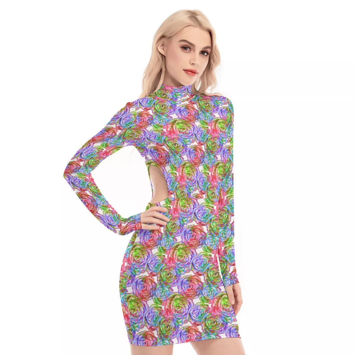 Colorful Flowers Waist Hollow Hip Dress