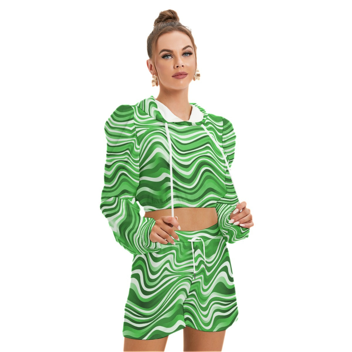 Green Wavy Baby Women's Mirco Fleece Hoodie And Shorts Set