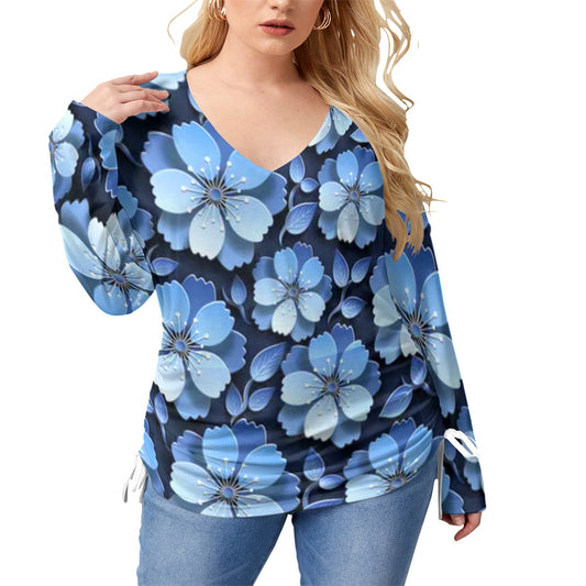 Black With Blue Cherry Blossoms Women’s V-neck T-shirt With Side Drawstring(Plus Size)