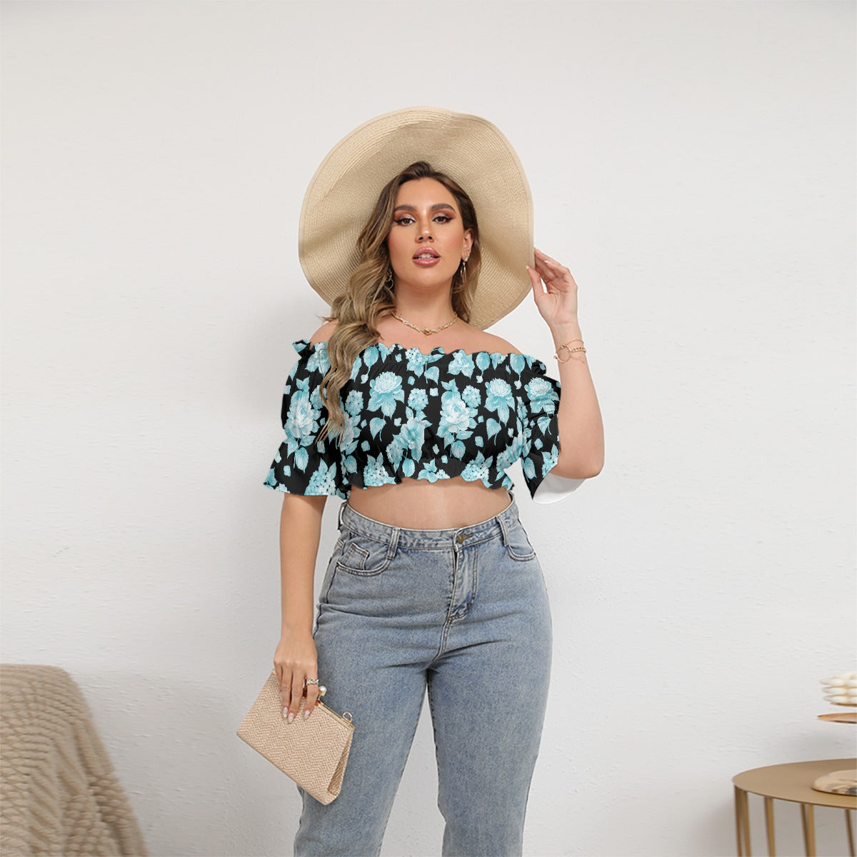 Light Blue Flowers Women's Black Off-shoulder Cropped Top With Short Puff Sleeve