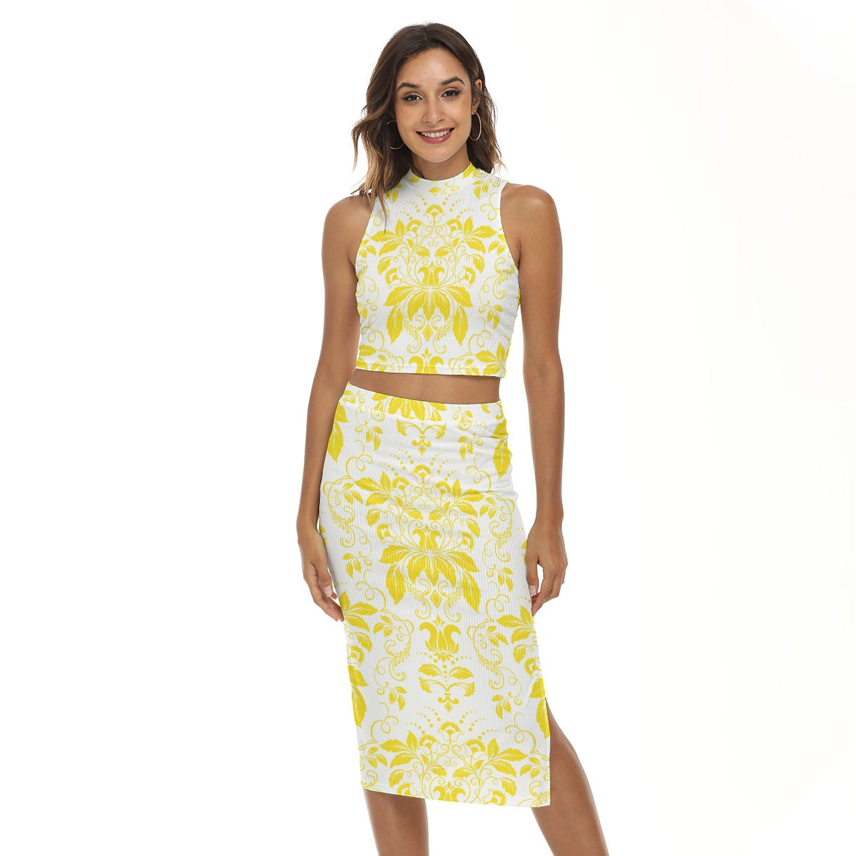 Yellow With White Vintage Flowers Women's Tank Top & Split High Skirt Set