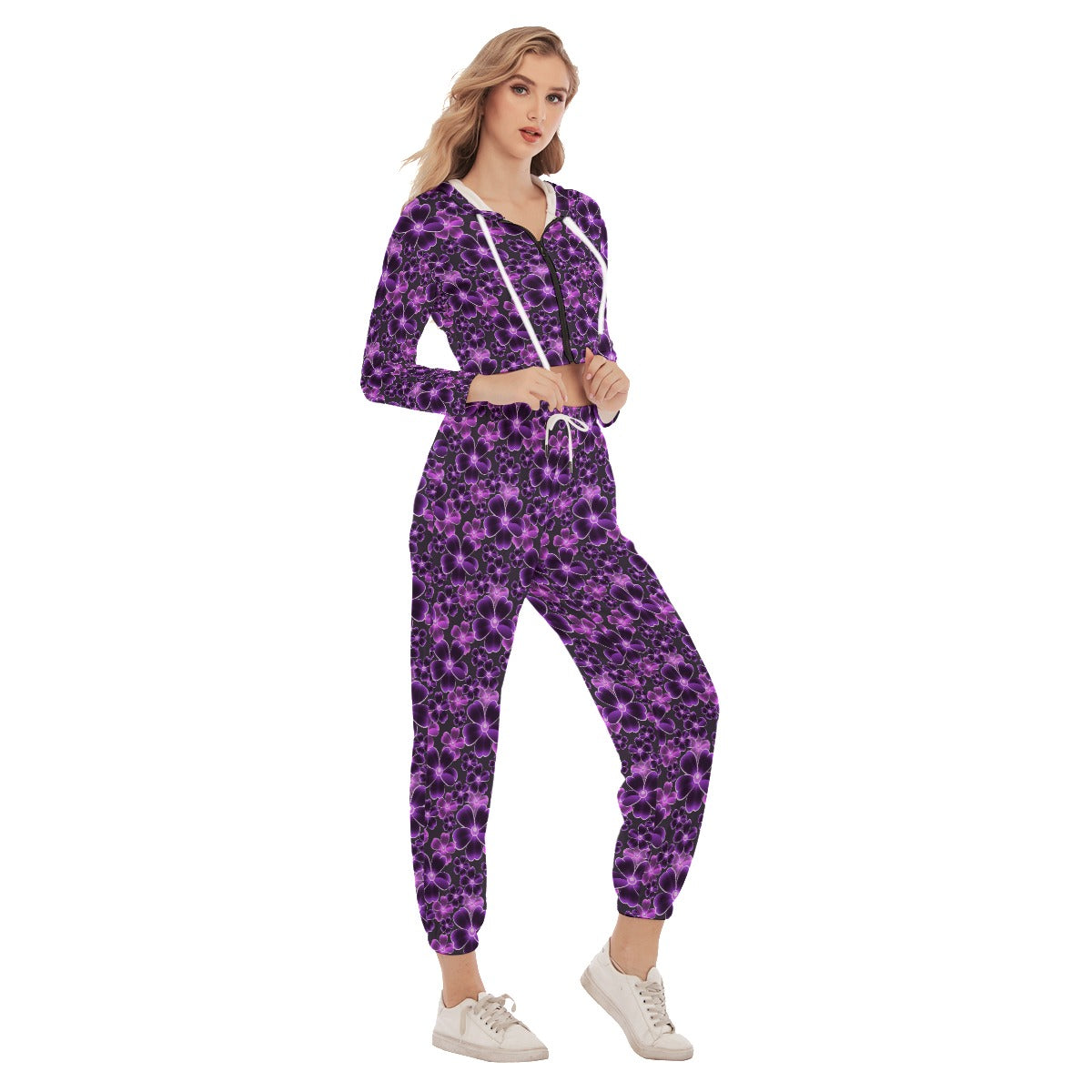 Purple Flowers Women's Crop Hoodie Sports Sets