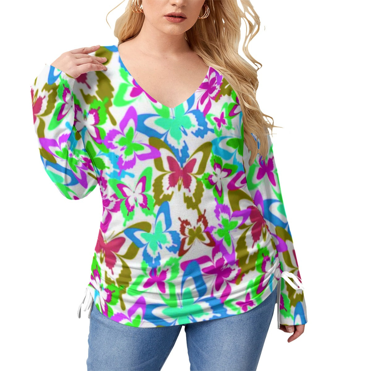 Colorful Butterflies Women’s V-neck T-shirt With Side Drawstring(Plus Size)