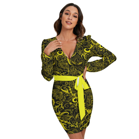 Cute Flower Black & Yellow Long Sleeve Dress With Waist Belt