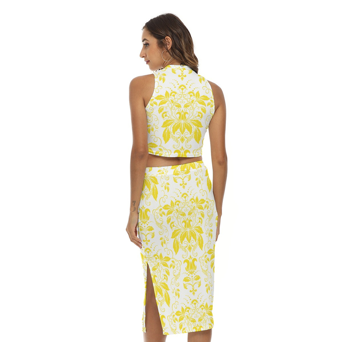 Yellow With White Vintage Flowers Women's Tank Top & Split High Skirt Set