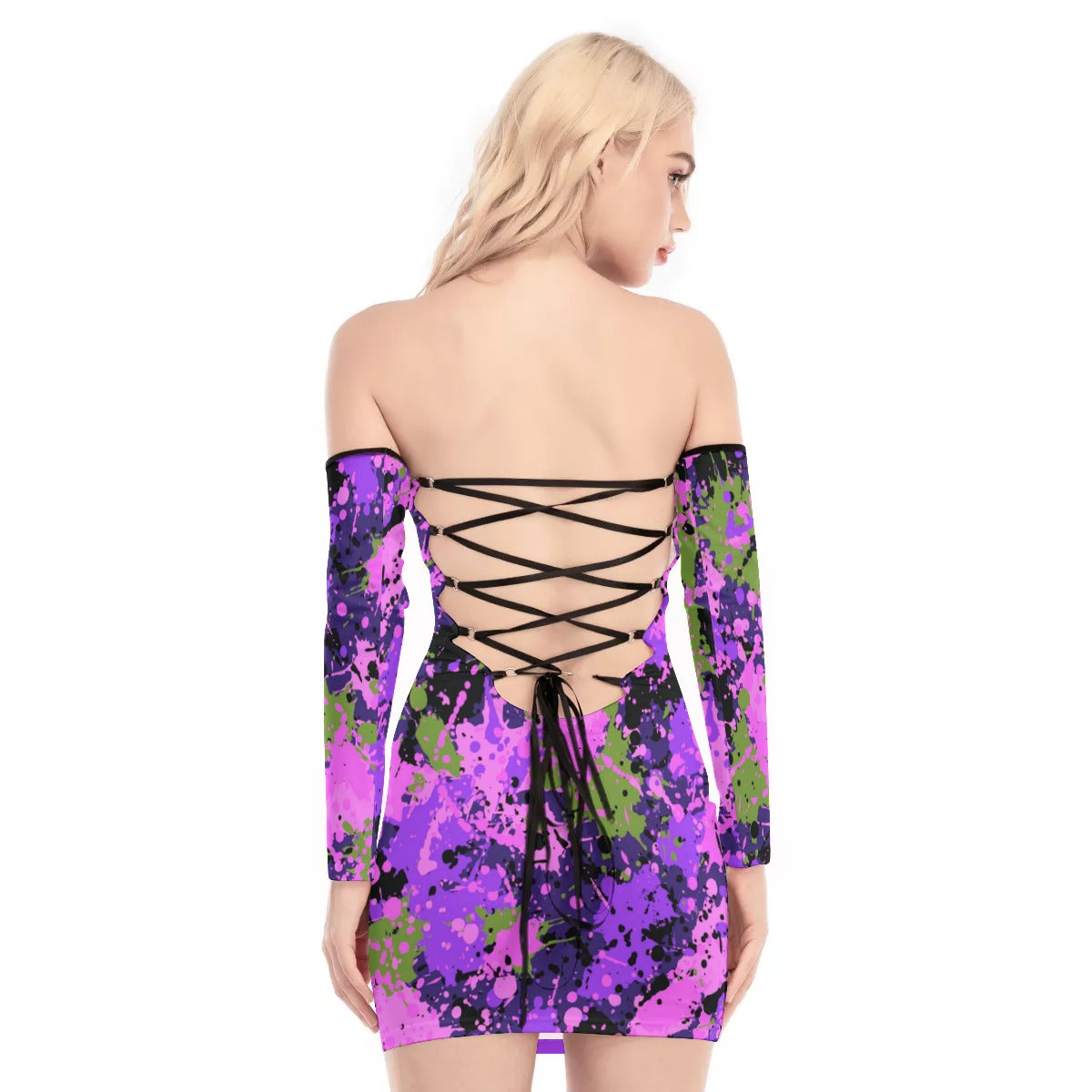 Ink Splatter Off-shoulder Back Lace-up Dress