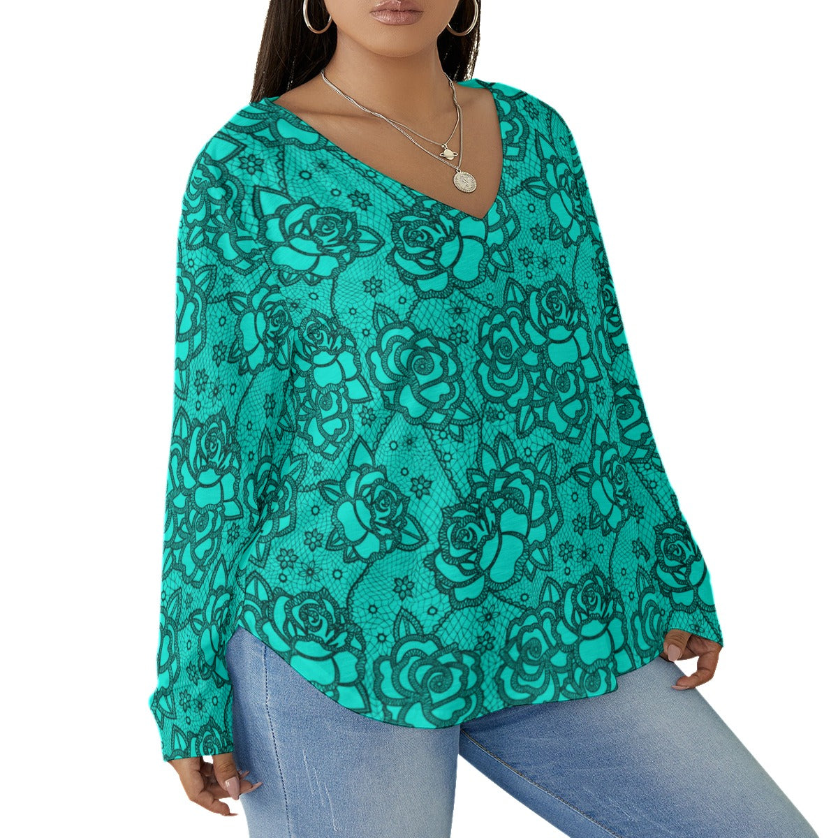 Women's Teal Lace Style Roses V-neck T-shirt With Curved Hem(Plus Size)